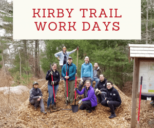 photo of volunteers on a mulch pile, with a banner reading" Kirby Trail Work Days"