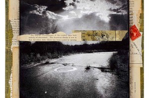 Mixed media collage featuring a black and white photo of a paved road with storm clouds and sunlight.