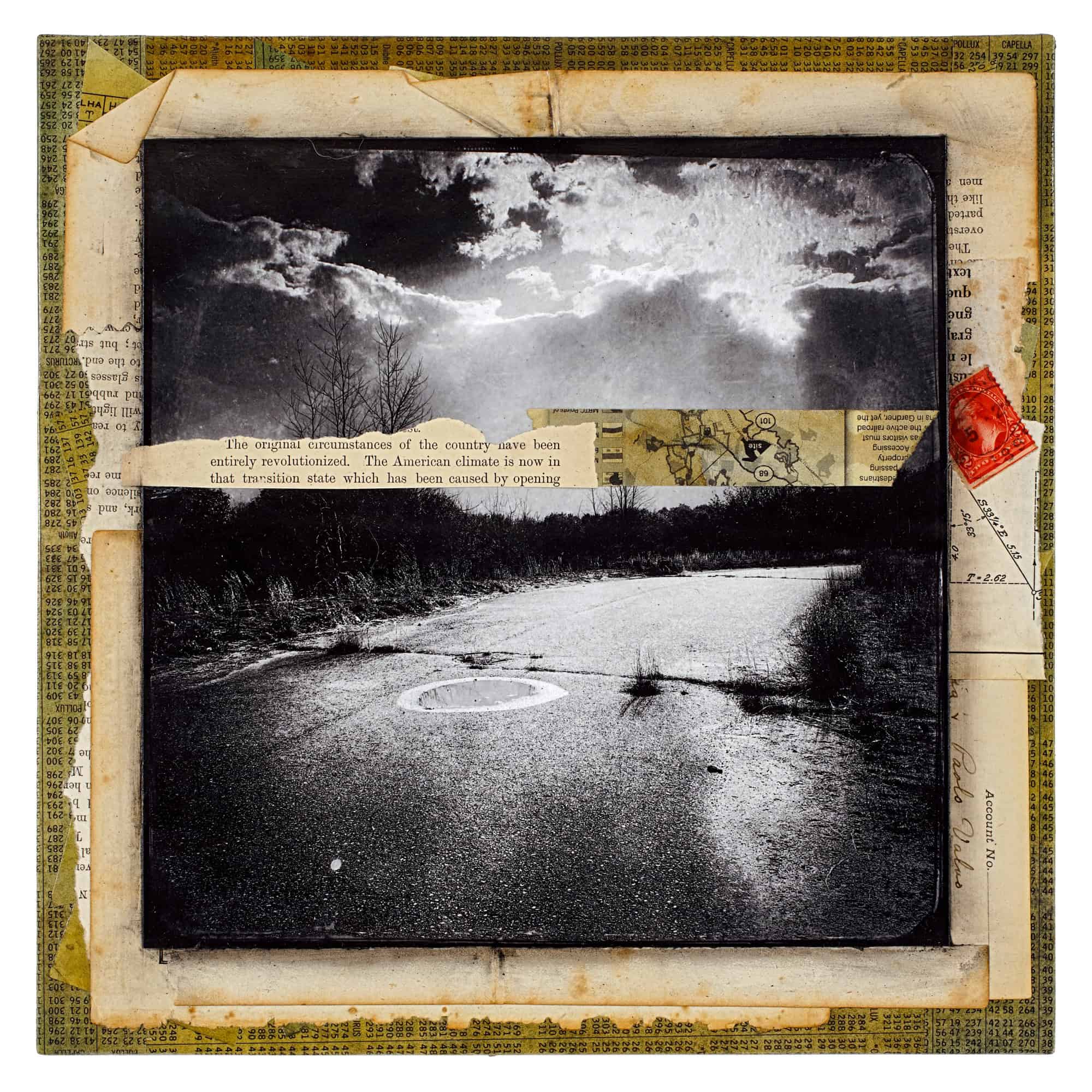 Mixed media collage featuring a black and white photo of a paved road with storm clouds and sunlight.